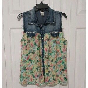 Y2K Denim Floral Sleeveless Top Womens Sz XL Cowgirl Sheer Boho Western Festival